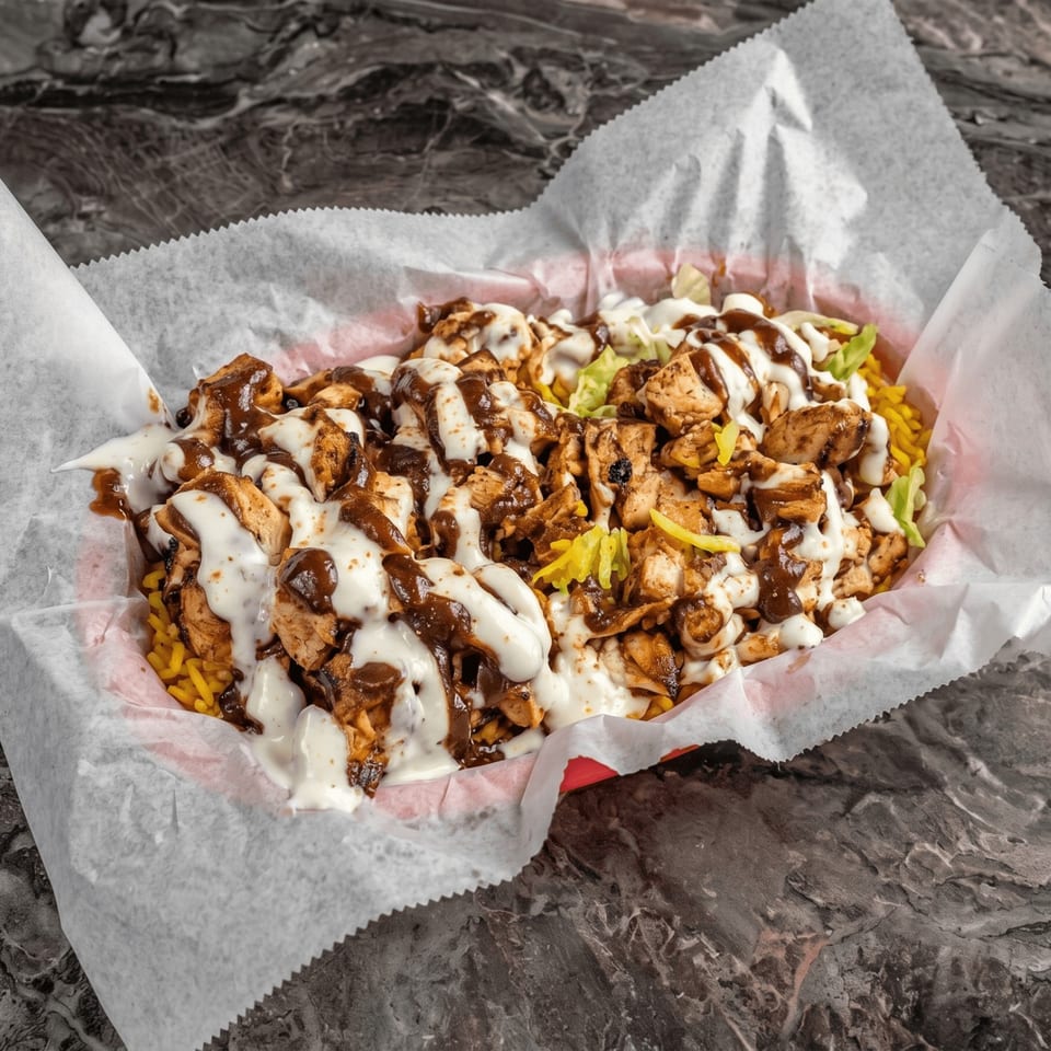 Chicken and rice platter with white and brown sauces, served in a red basket with white paper.