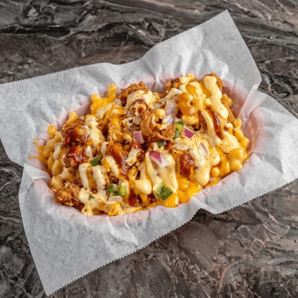 Macaroni and cheese topped with fried chicken, red onions, green onions, and various sauces.