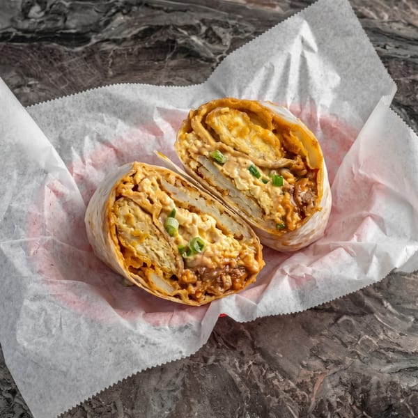 A breakfast burrito, cut in half, revealing eggs, potatoes, and meat, wrapped in white paper.