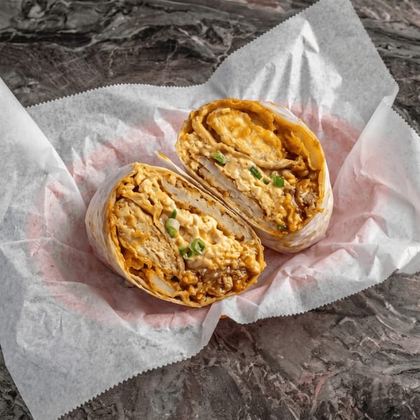 A breakfast burrito, cut in half, revealing eggs, meat, and potatoes, served in a paper-lined basket.