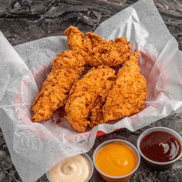 Crispy fried chicken tenders in a basket with white paper, served with three dipping sauces.