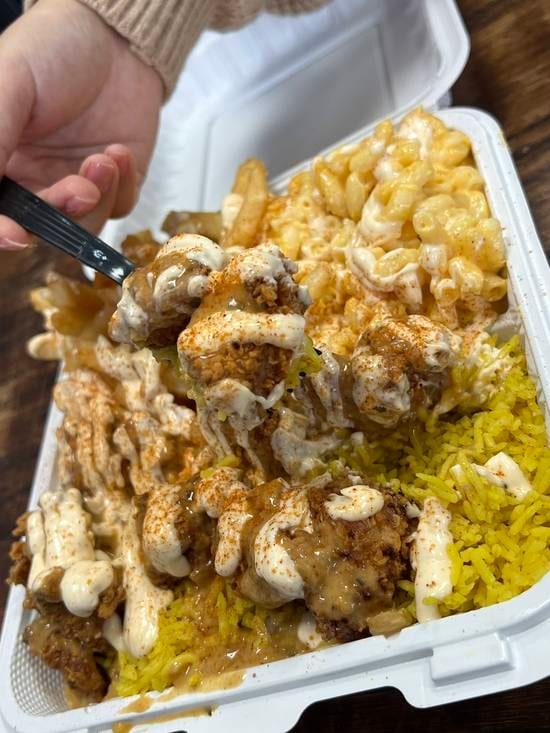 Trio Fried Chicken Over Rice.